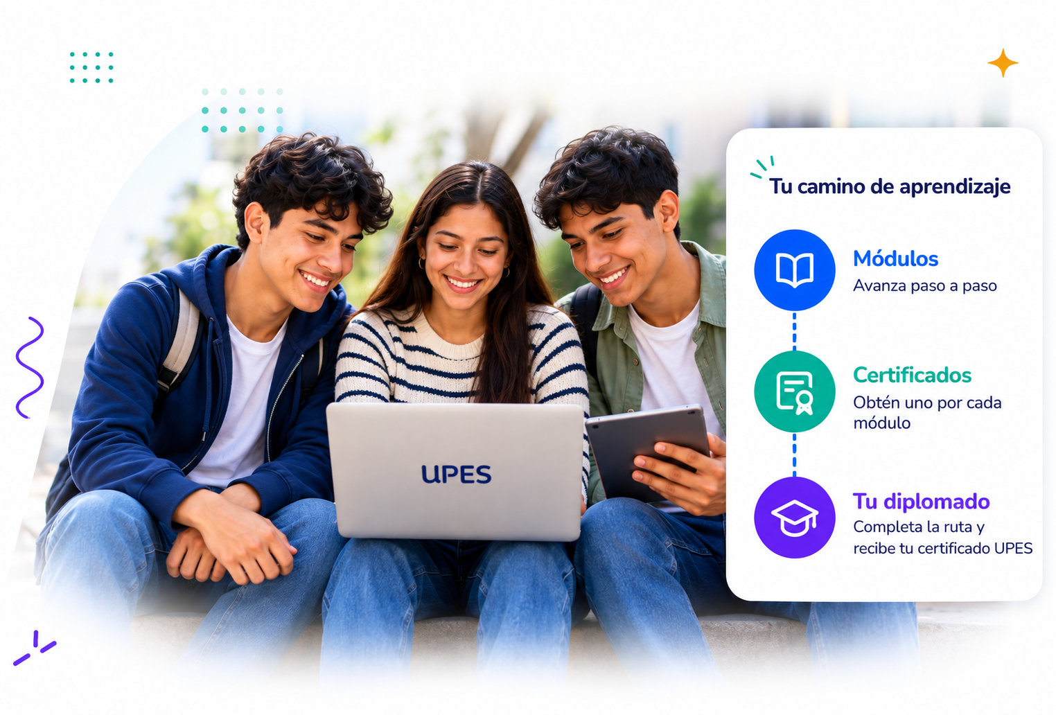 Jóvenes aprendiendo con una ruta de formación organizada en módulos, certificados y diplomado UPES.